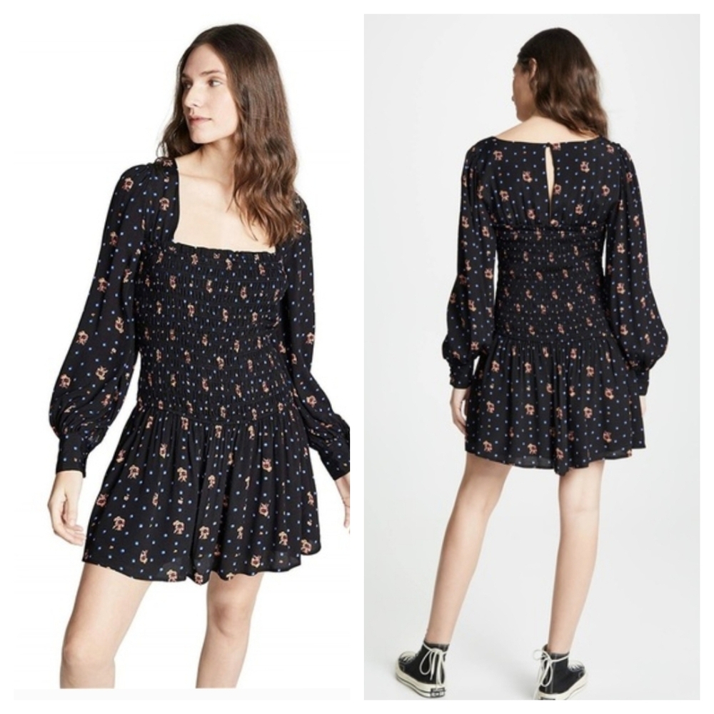 FREE PEOPLE Two Faces Mini Dress Ruched With Floral Print Black Blue Small - Picture 3 of 10